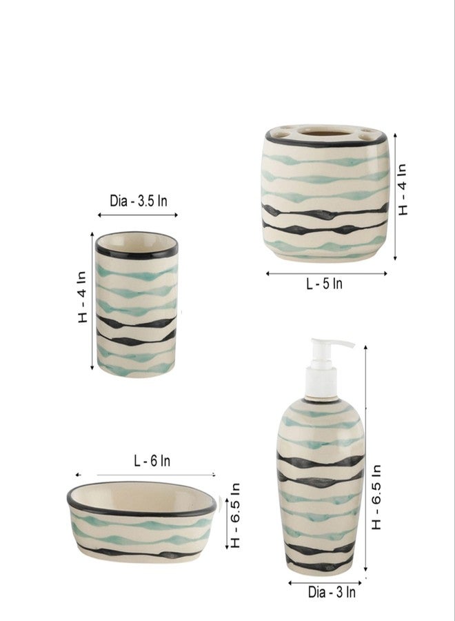 VarEesha Mugdha Off-White Hand-Painted Ceramic Bath Set of 4 Pieces | Liquid Soap Dispenser, Tumbler, Toothbrush Holder & Soap Tray | Bathroom Accessories, Bathroom Décor - Image 4